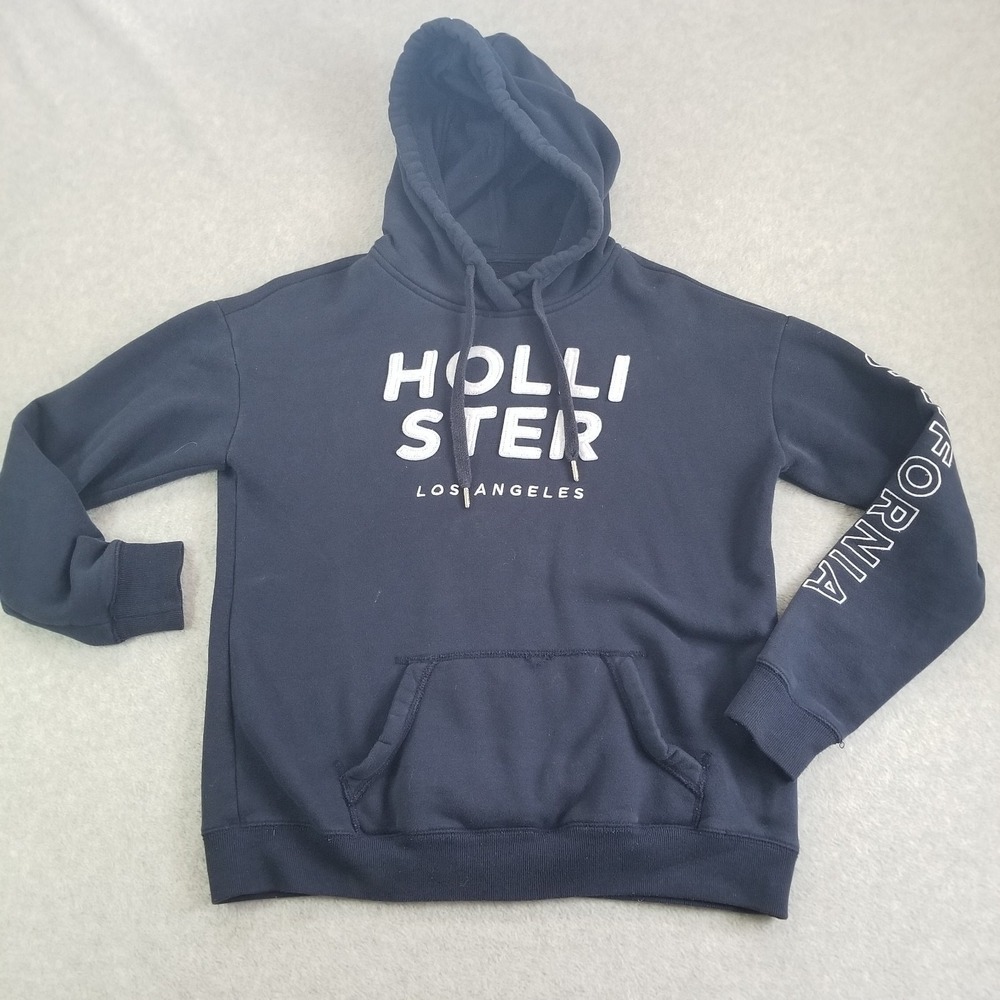 Y2K Hollister Hoodie Womens Medium Navy Blue Spellout Applique Graphic Logo Surf